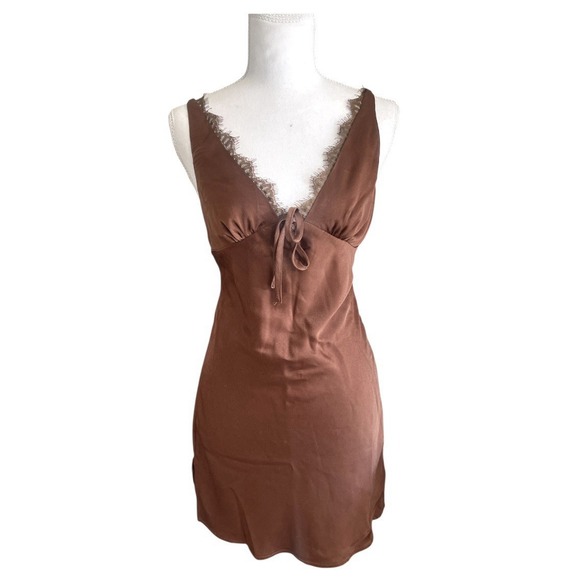 NWT White Fox See You In My Mind Mini Satin Dress Chocolate Brown Sz S Coquette - Picture 7 of 16